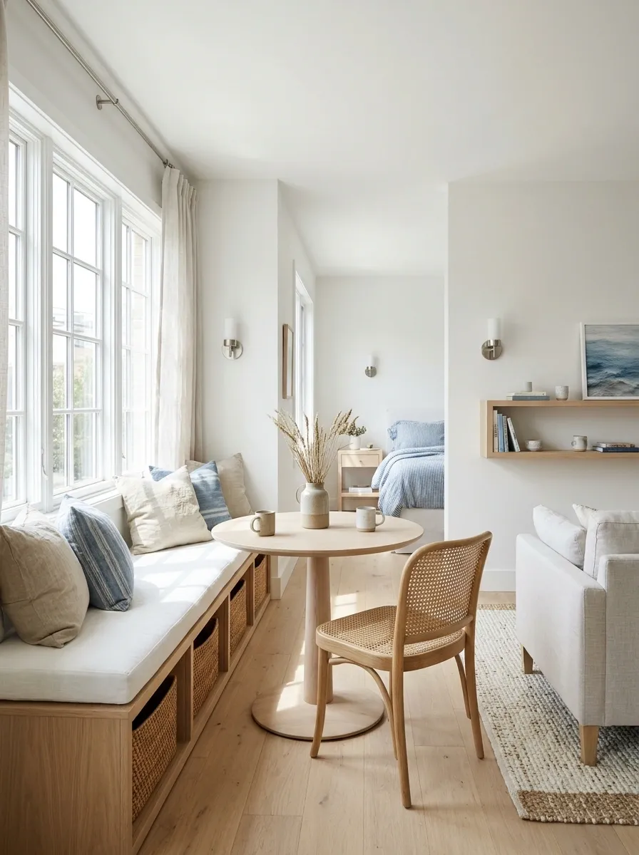 Coastal Studio With a Window Banquette and Concealed Storage