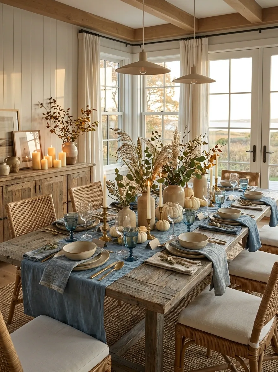 Coastal Thanksgiving With Washed Blue, Sand, and Weathered Wood