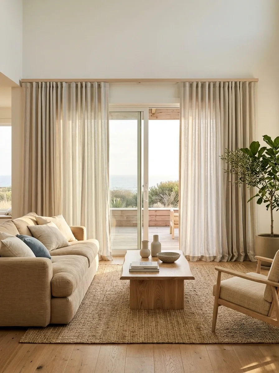 Coastal Ticking-Stripe Curtains With Natural Wood