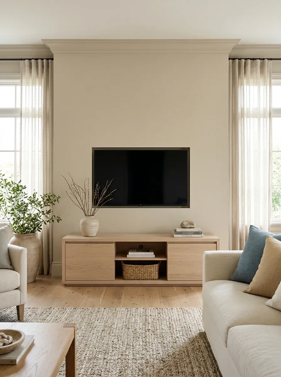 Coastal TV Wall With Pale Wood and Linen Textures