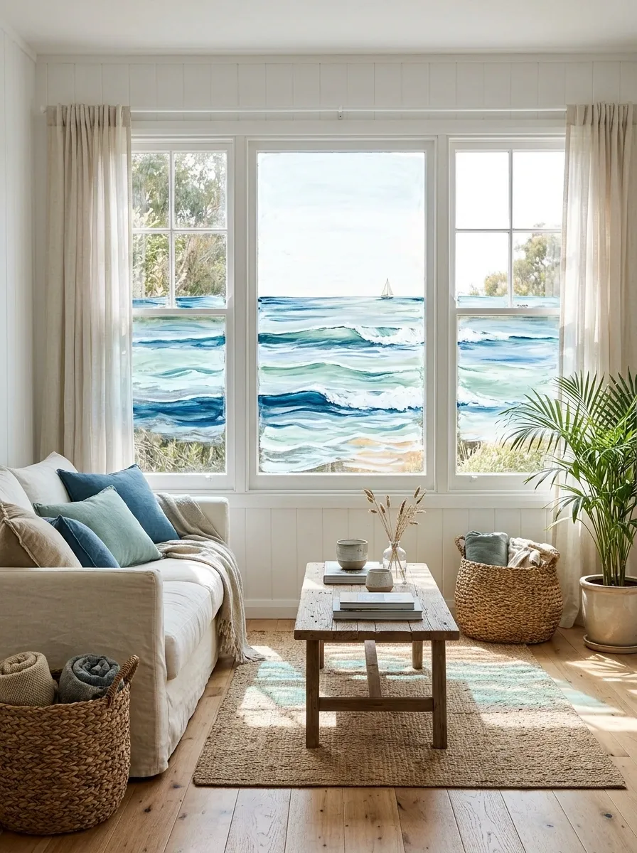 Coastal Waves With Small Sailboats on Blue Glass