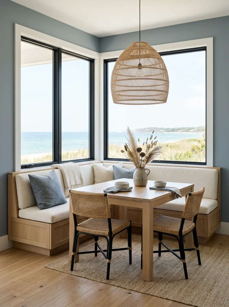 Coastal Window Nook With Light Wood and Woven Seating
