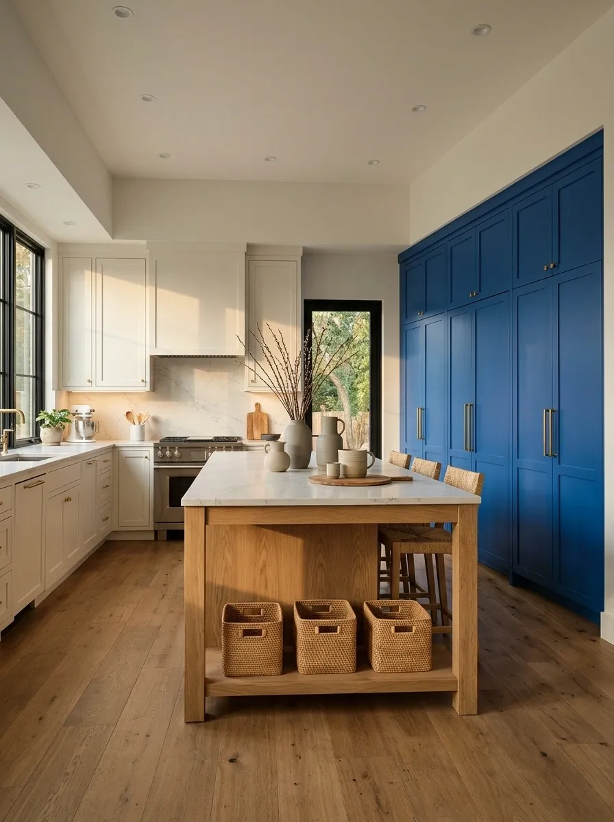 Cobalt Blue Pantry Wall With Oak and Warm White Cabinets