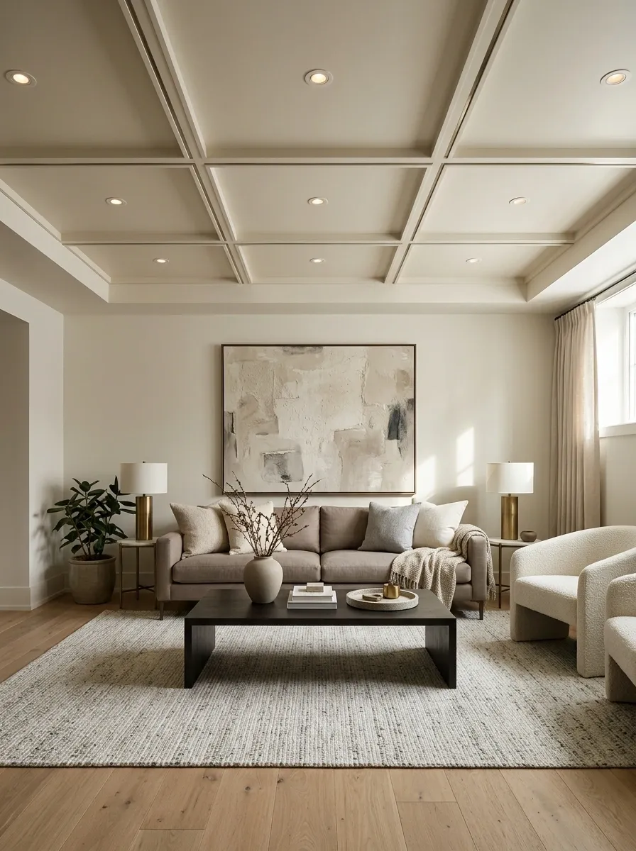 Coffered-Look Ceiling in a Tailored Contemporary Sitting Room