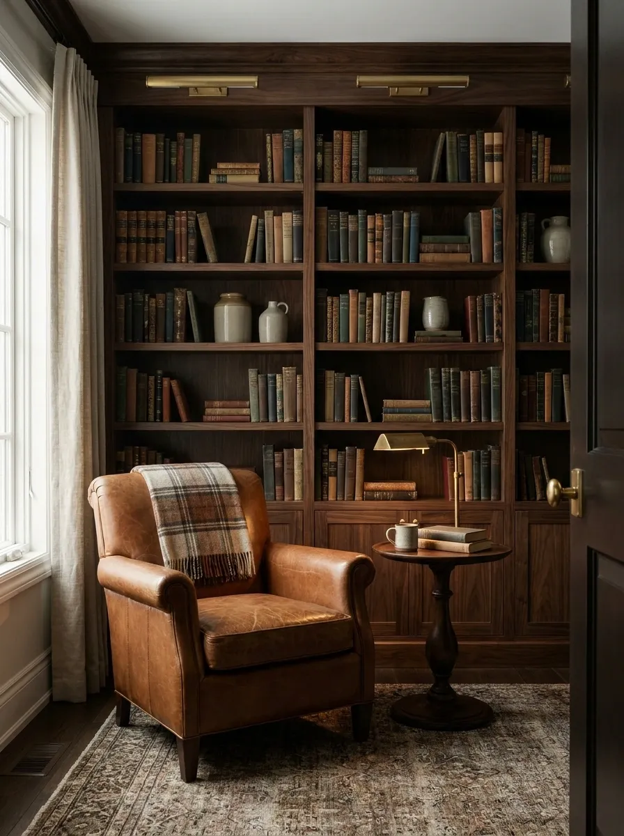 Cognac Leather Chair With a Dark Wood Library Wall