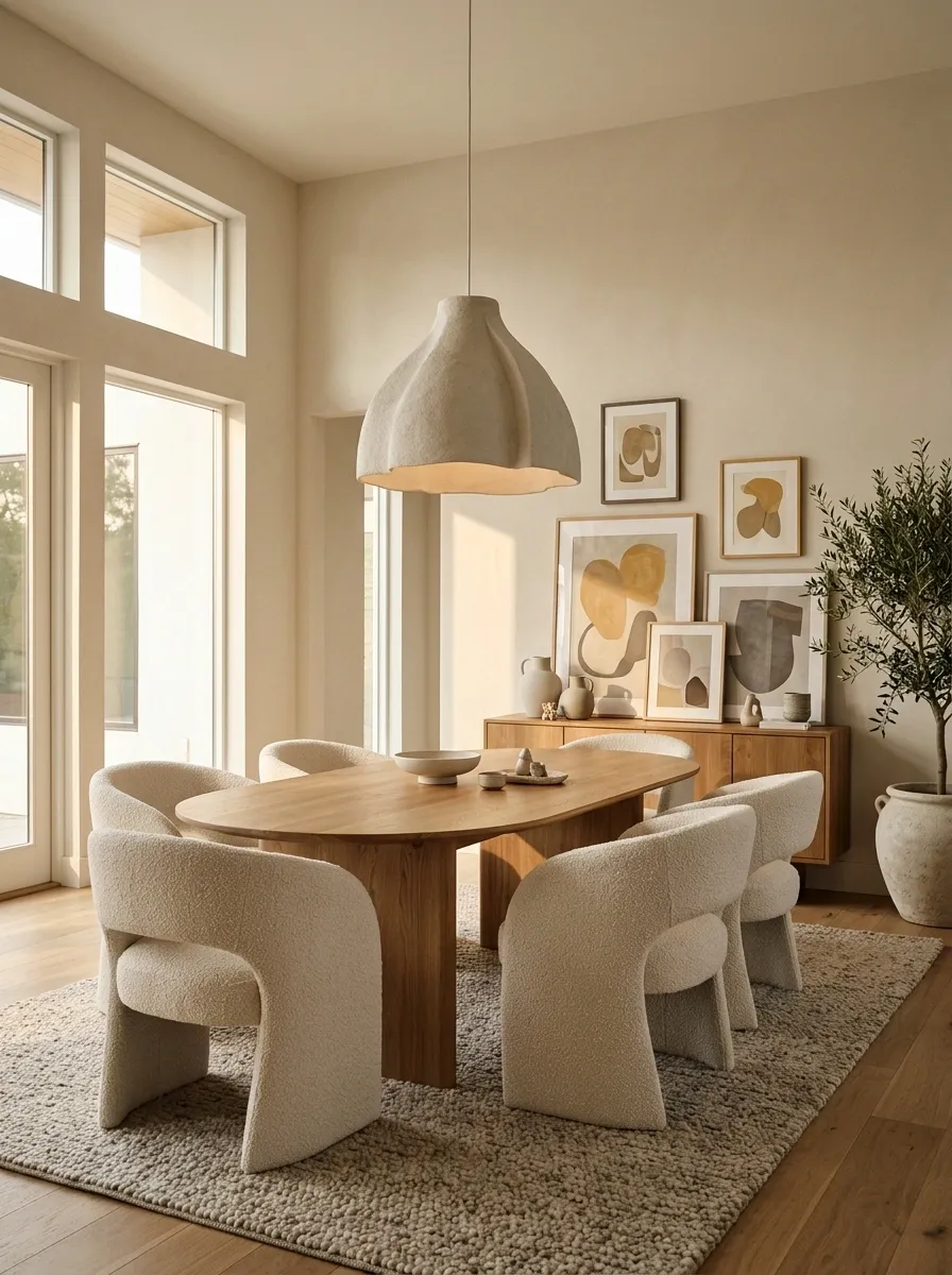 Collected Modern Dining Room With Layers of Wood, Art, and Soft Curves