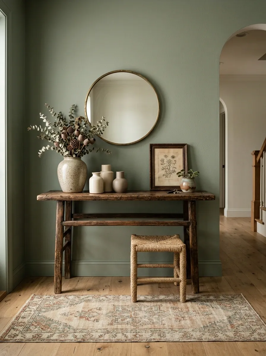 Collected Sage Entryway With Antique Wood, Woven Seating, and Ceramics