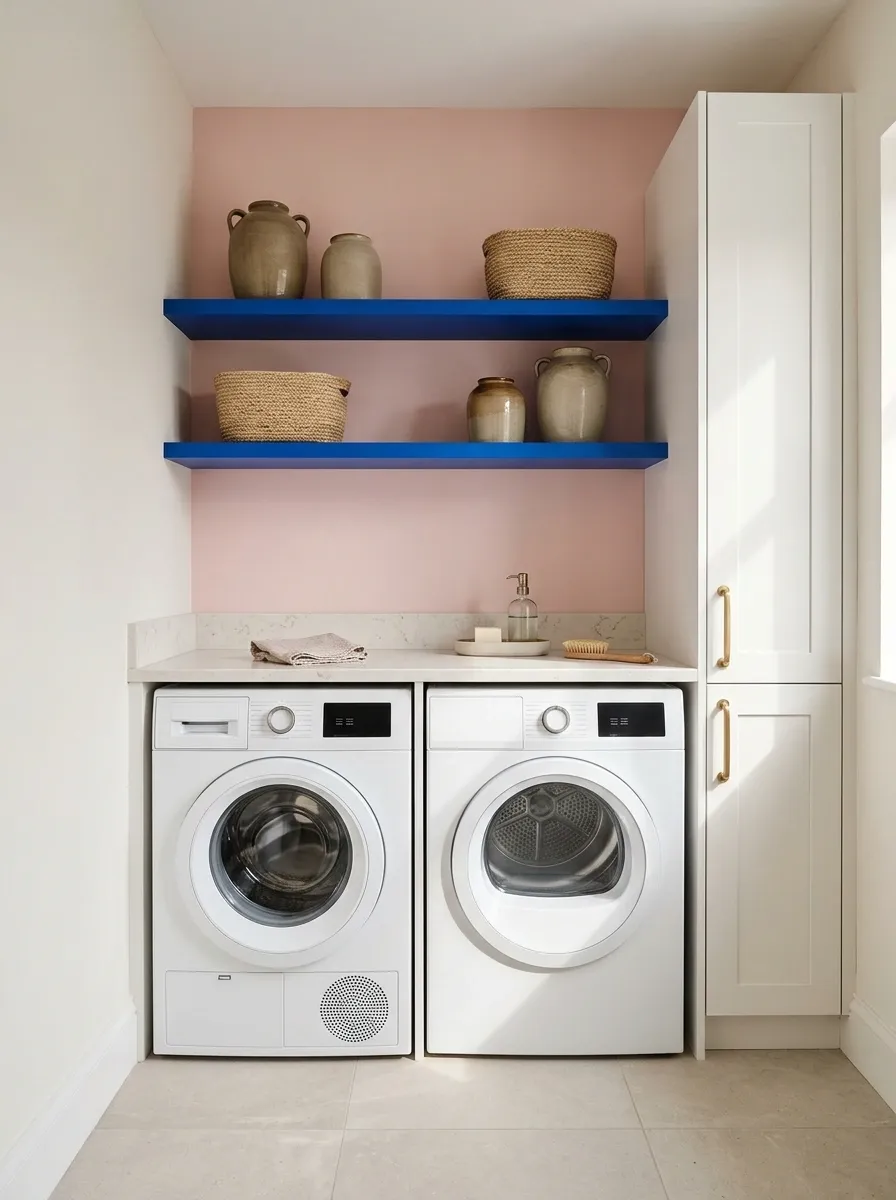 Color-Block Laundry With Cobalt Shelves and a Pink Work Wall