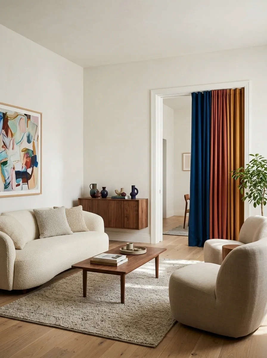 Color-Blocked Curtain Opening in a Playful Eclectic Home