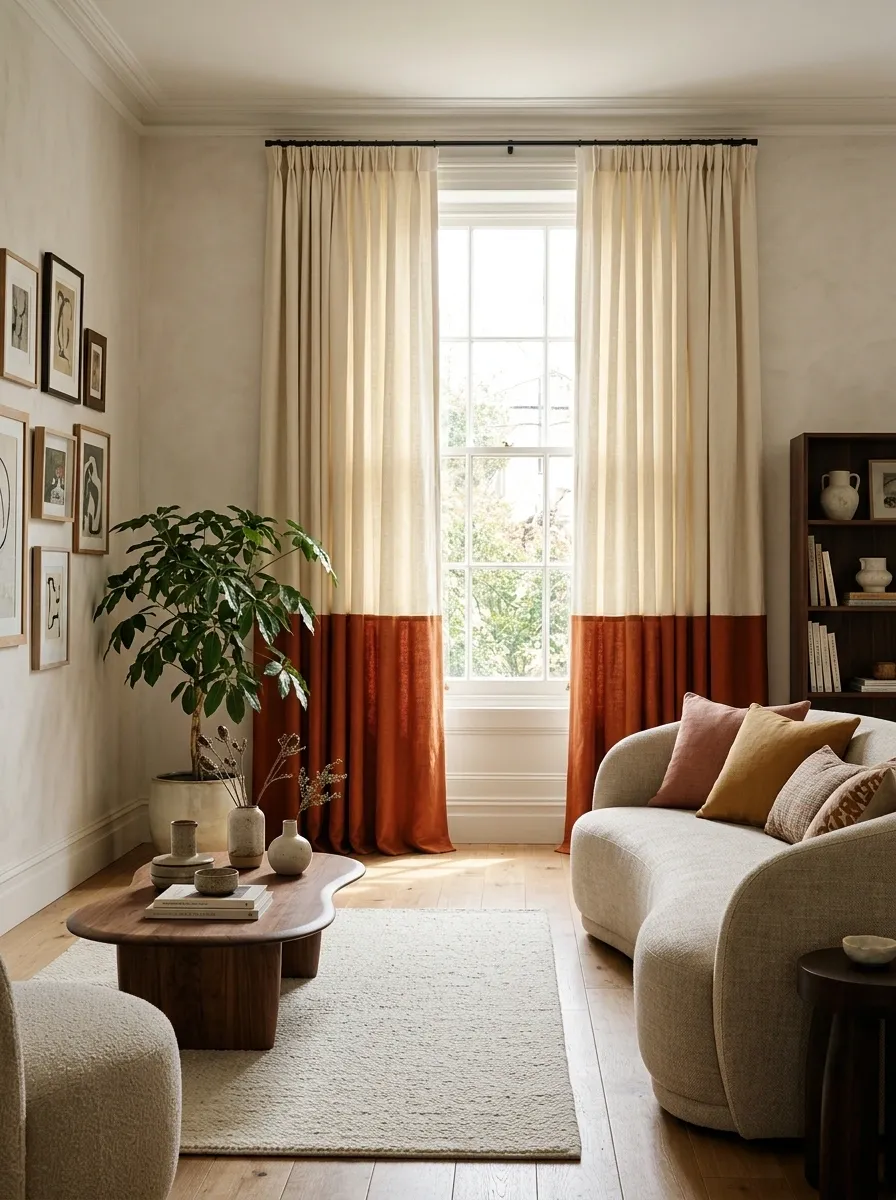 Color-Blocked Curtains in a Playful Eclectic Living Room