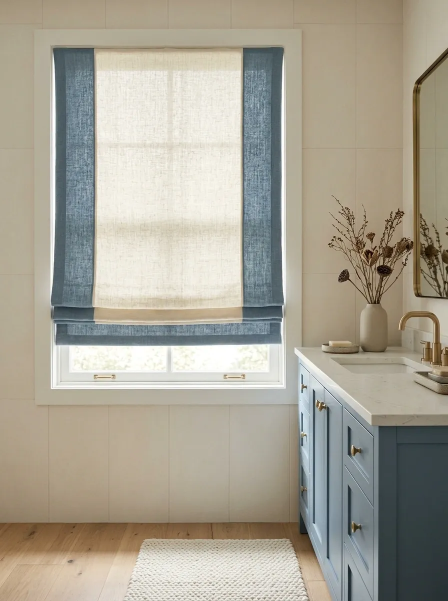 Color-Blocked Roman Shades in a Playful Bathroom