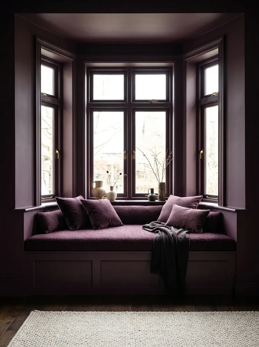 Color-Drenched Bay Window With Plum Walls and Matching Upholstery