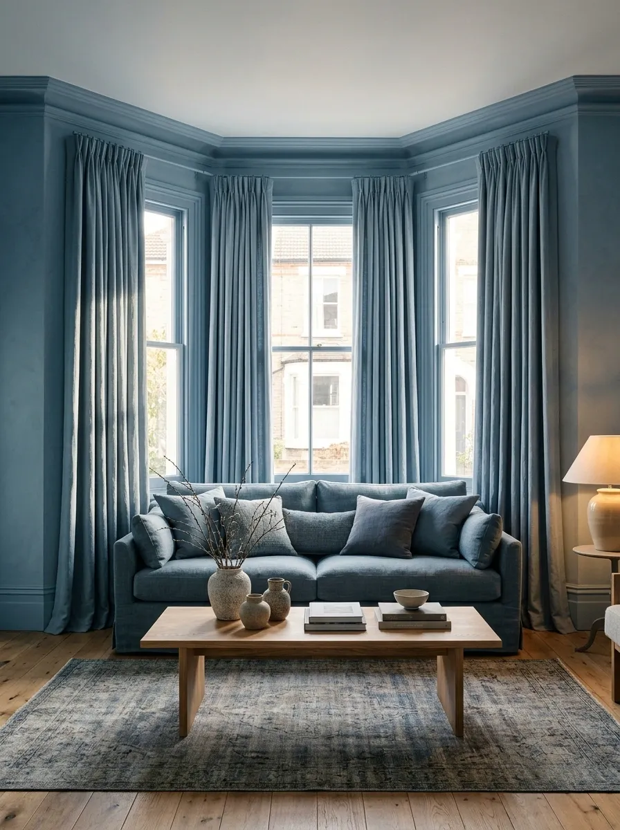 Color-Drenched Bay With Tonal Curtains and Walls