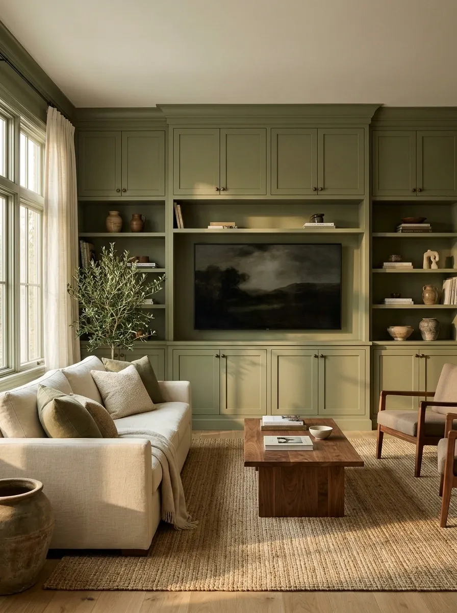Color-Drenched Living Room With a Matching TV Wall