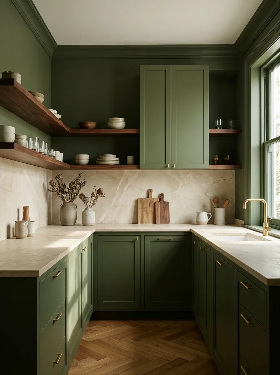 Color-Drenched Olive Kitchen With Warm Limestone