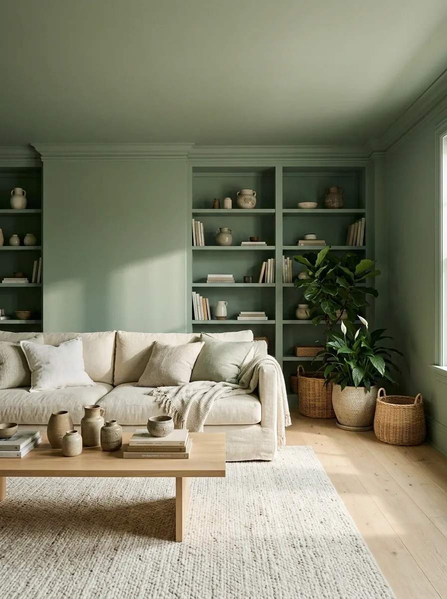 Color-Drenched Sage Ceiling With Matching Walls