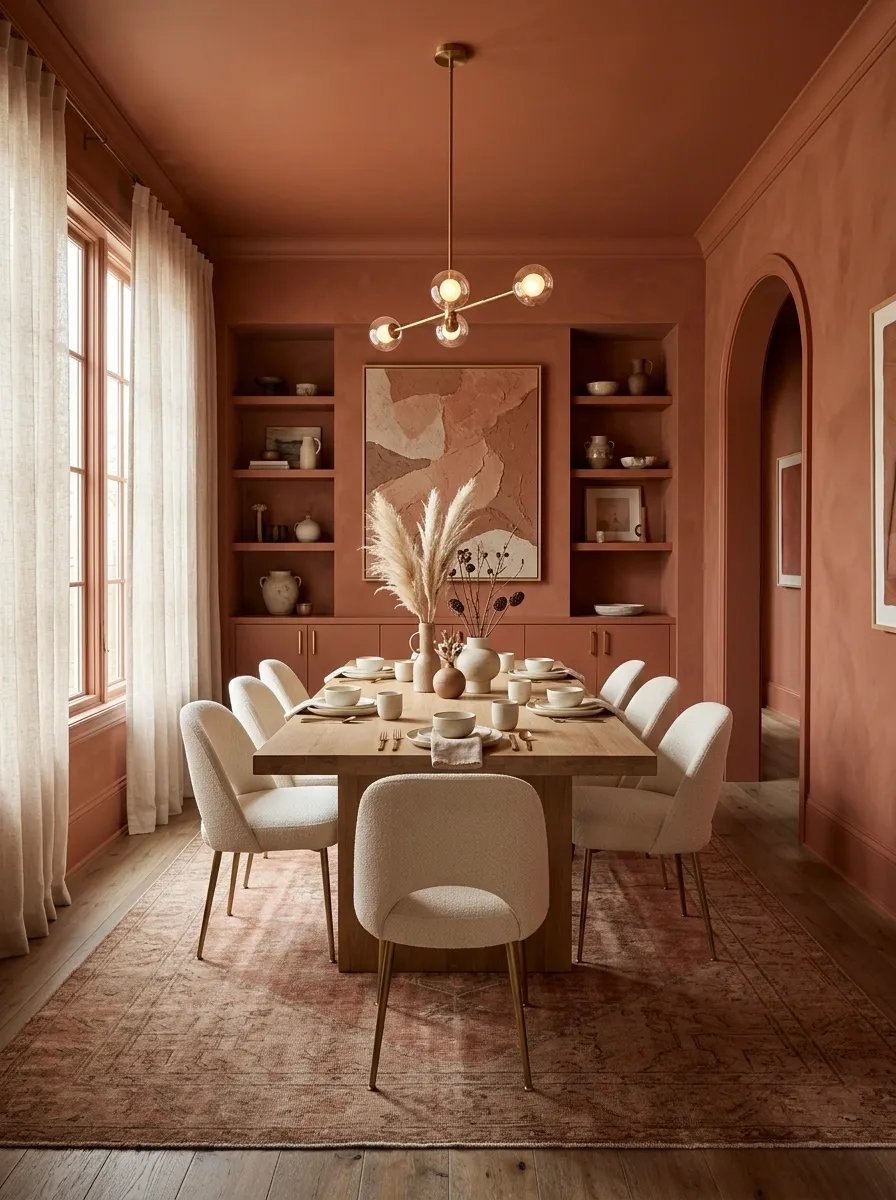 Color-Drenched Terracotta Dining Room With a Tonal Rug