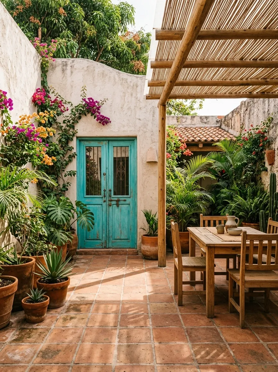 Color-Washed Mexican Backyard With Turquoise Doors and Terracotta Tile