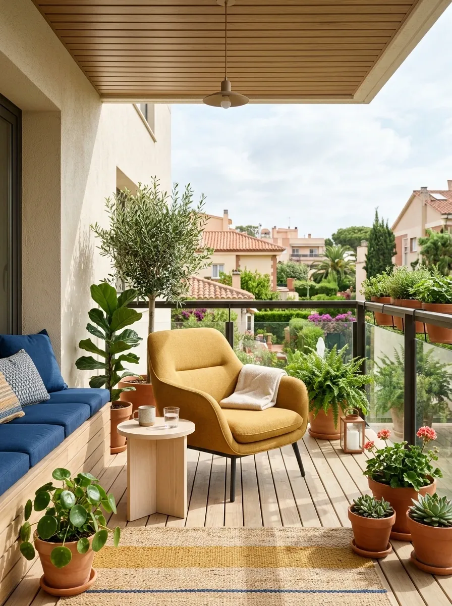 Colorful Balcony With a Mustard Lounge Chair and Blue Cushions