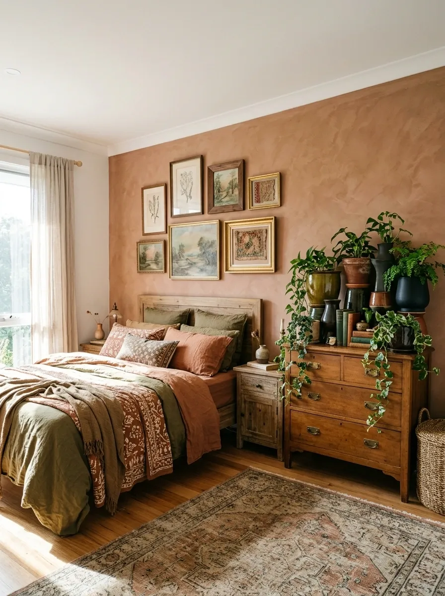 Colorful Eclectic Bedroom With Mismatched Pots and Collected Decor