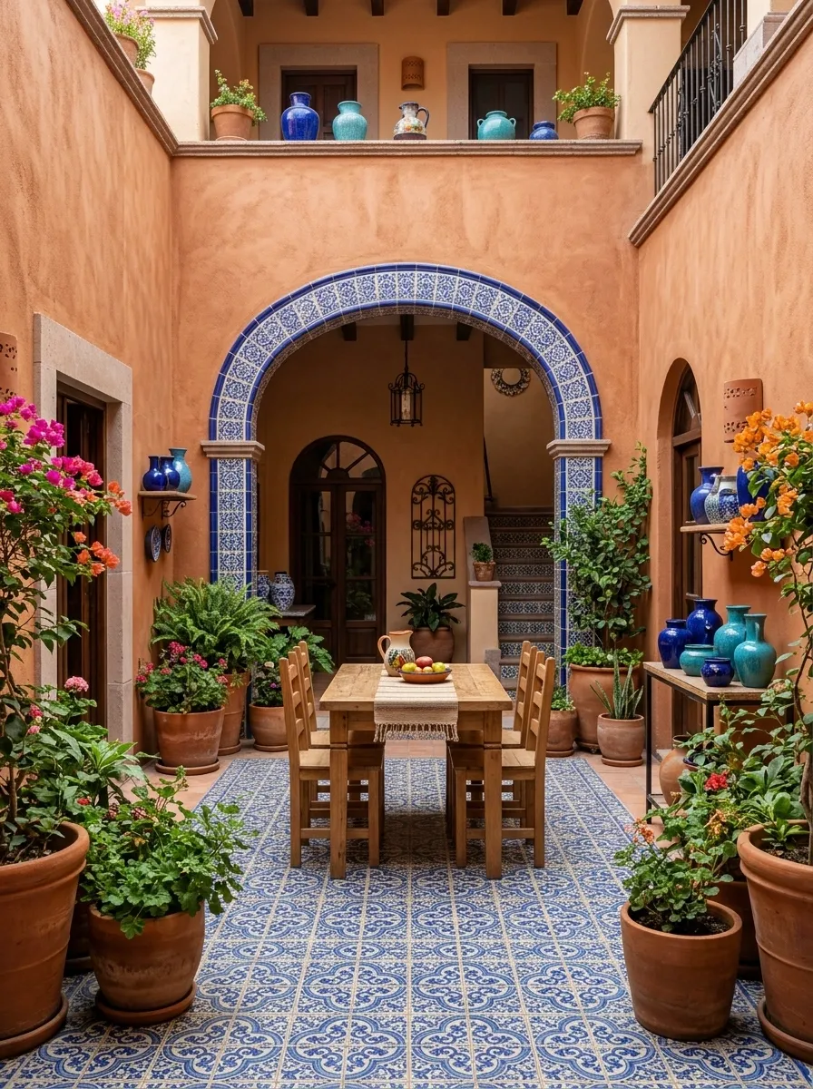 Colorful Mexican Courtyard With Talavera-Style Ceramics