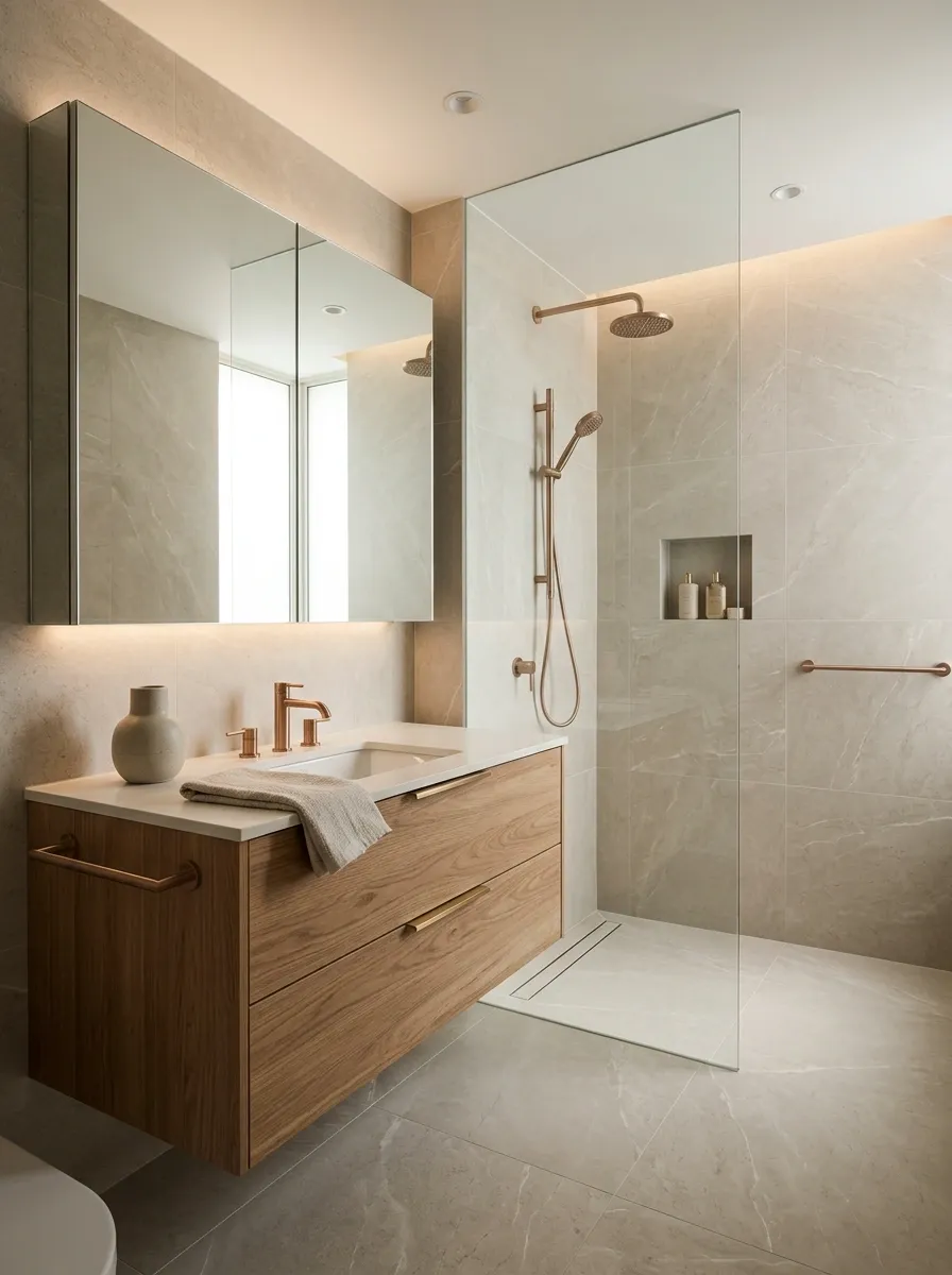 Compact Apartment Bathroom With Greige Finishes
