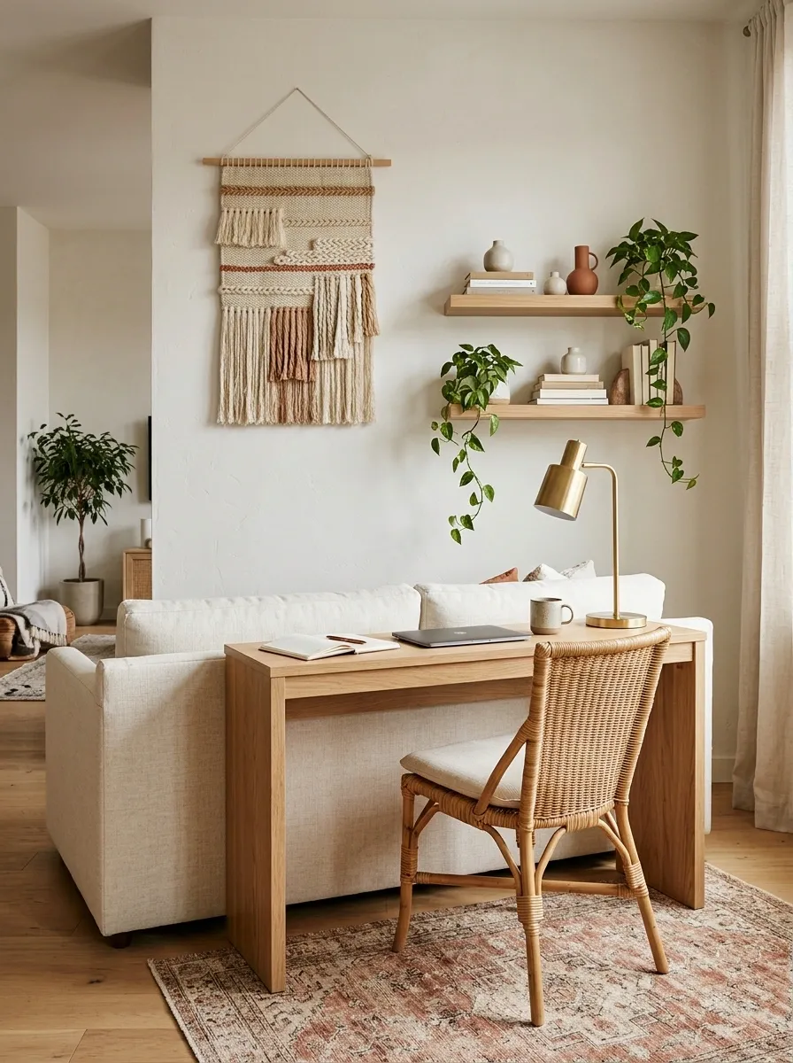 Compact Apartment Boho Office Behind a Sofa