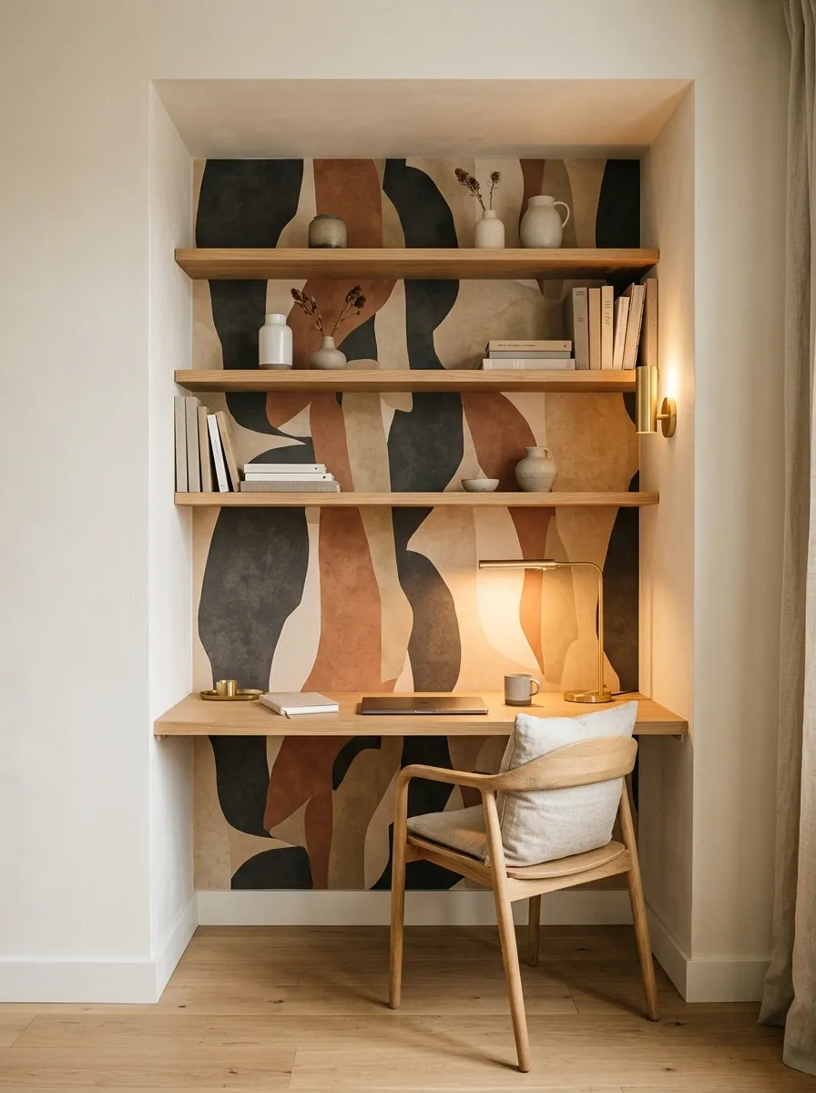 Compact Apartment Niche With Graphic Wallpaper and Slim Oak Shelves