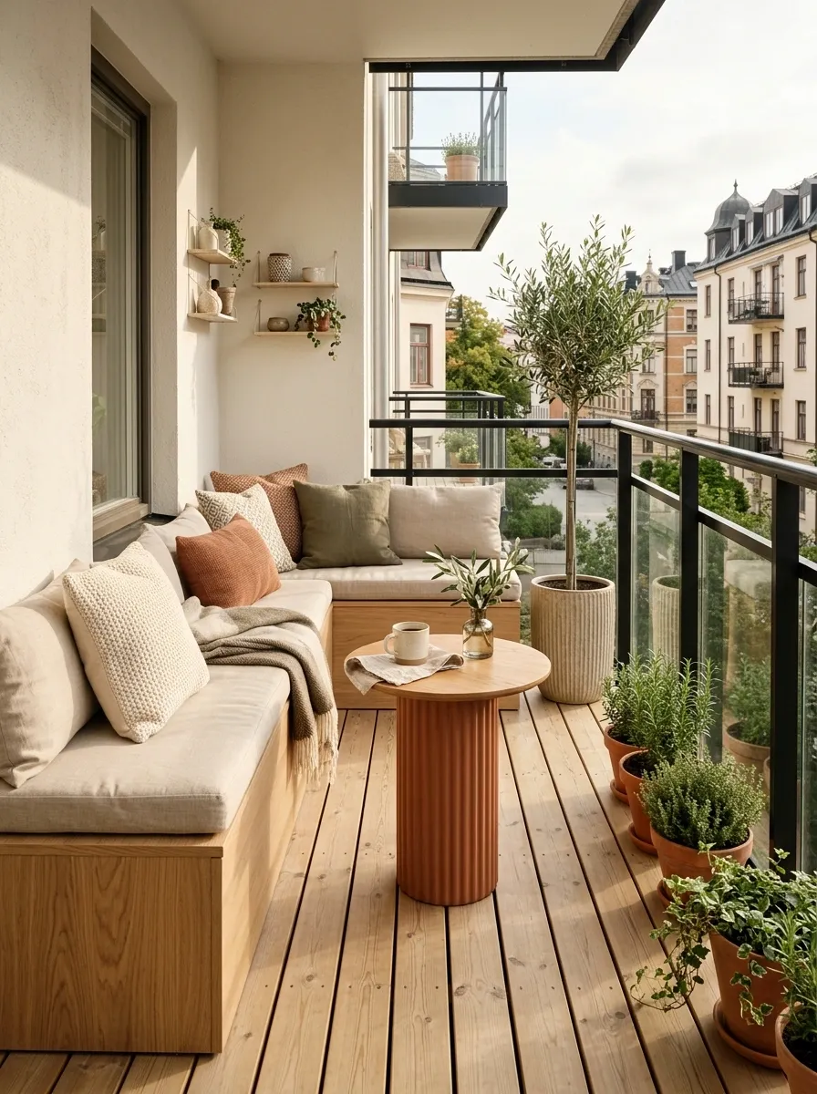 Compact Balcony With a Built-In Bench and Round Bistro Table