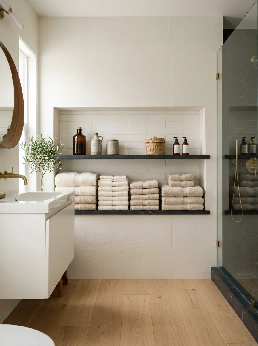 Compact Bathroom With a Full-Width Recessed Towel Niche