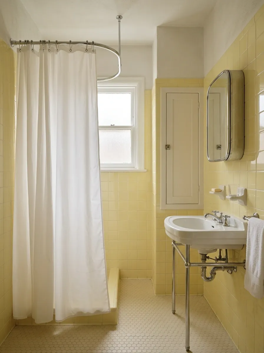 Compact Bathroom With a Rounded Shower Curtain Track and Open Washstand