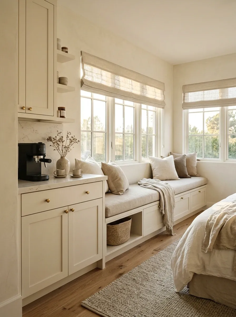 Compact Bedroom Coffee Bar Built Into a Window Seat Wall