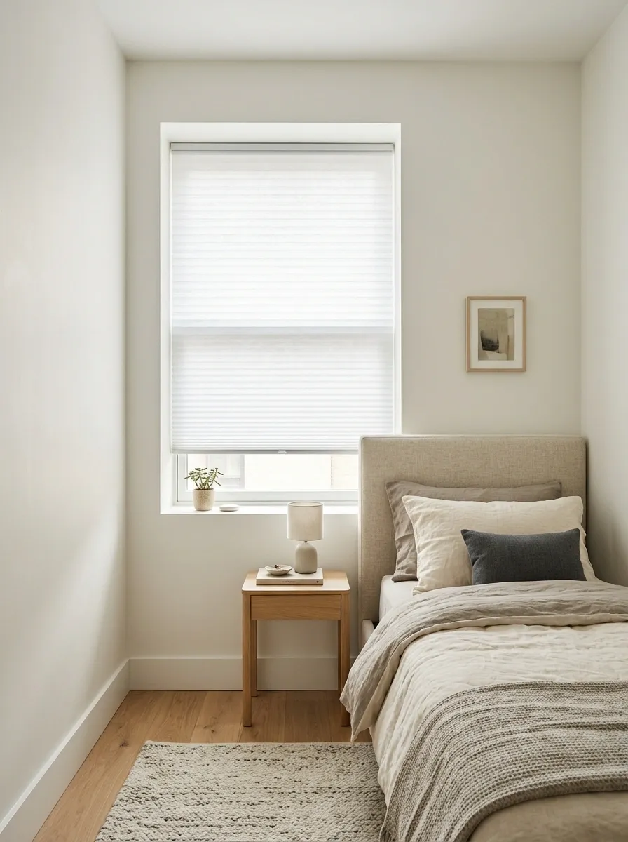 Compact Bedroom With Honeycomb Cellular Shades