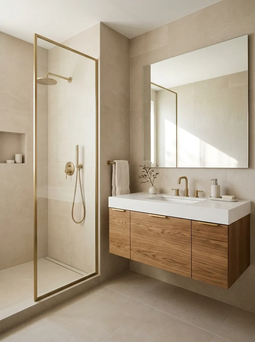 Compact Beige Bathroom With a Gold-Framed Walk-In Shower