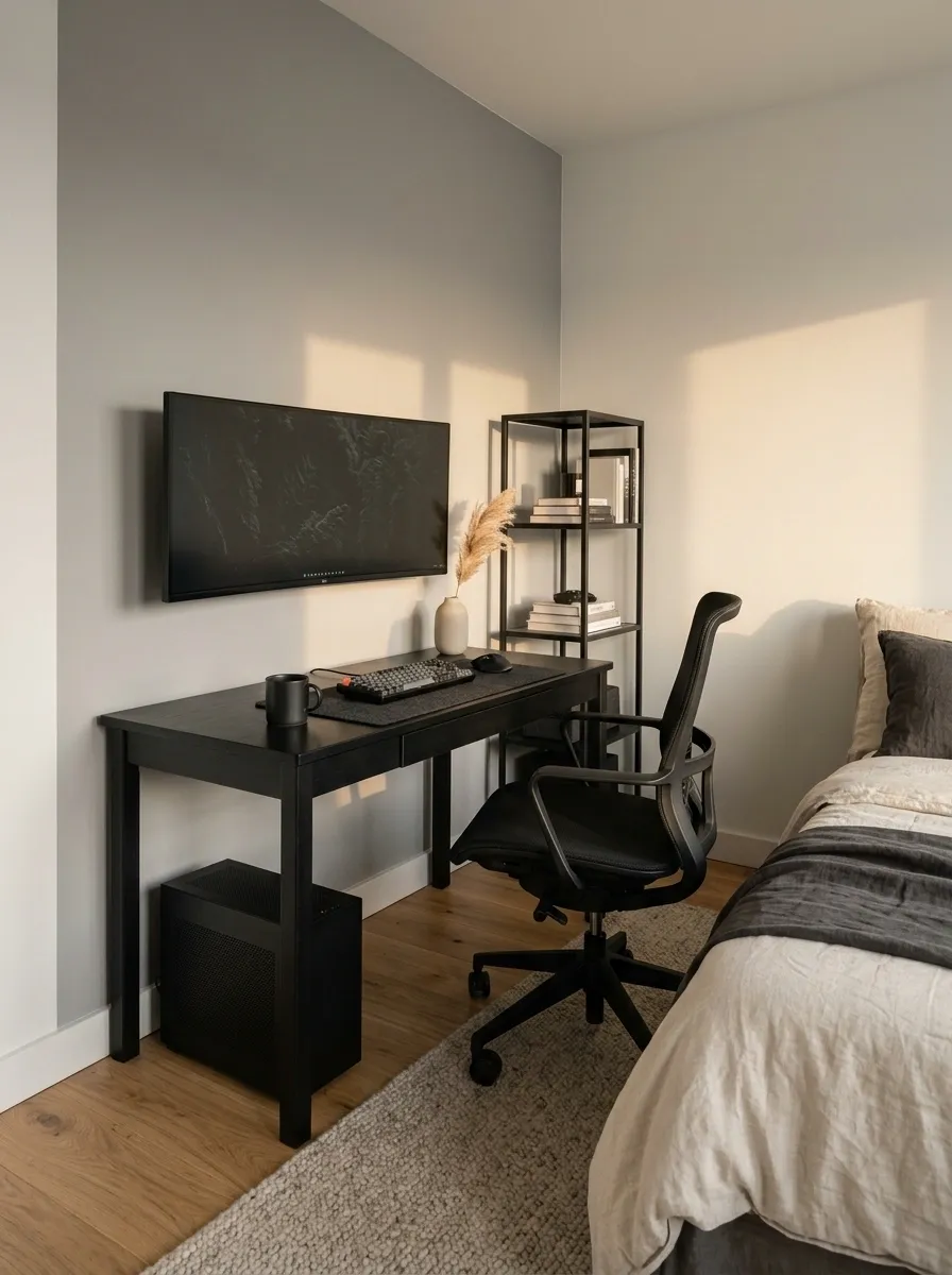 Compact Black Gaming Corner in a Bedroom