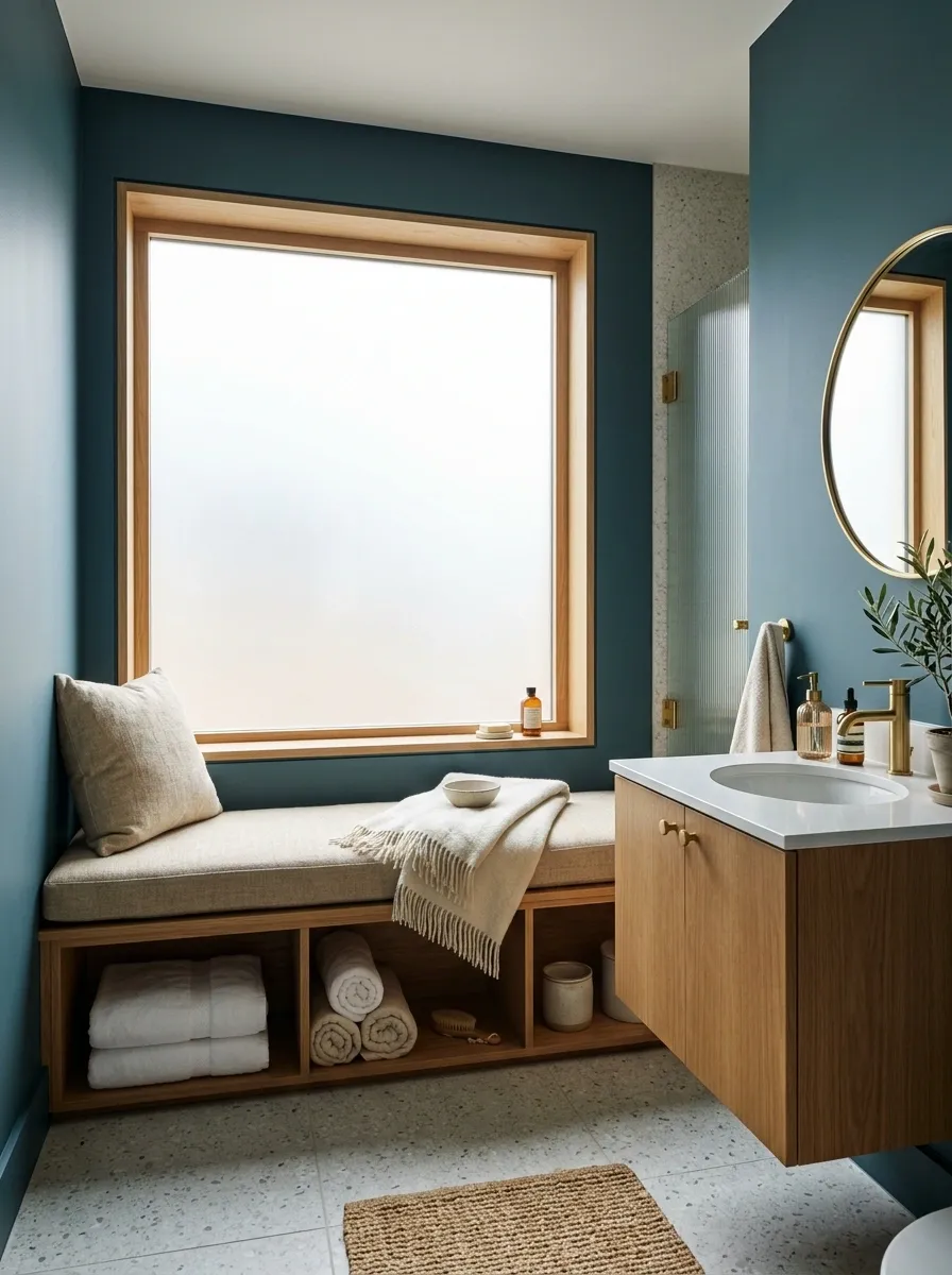Compact Blue-Green Bathroom With a Built-In Window Seat Towel Bench