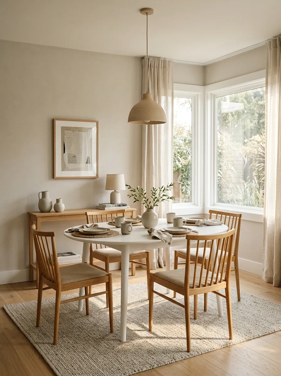 Compact Breakfast Room With a White Oval Table and Wood Chairs