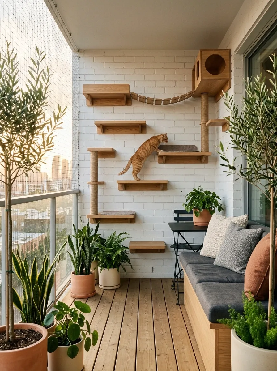 Compact City Balcony With a Vertical Cat Playground