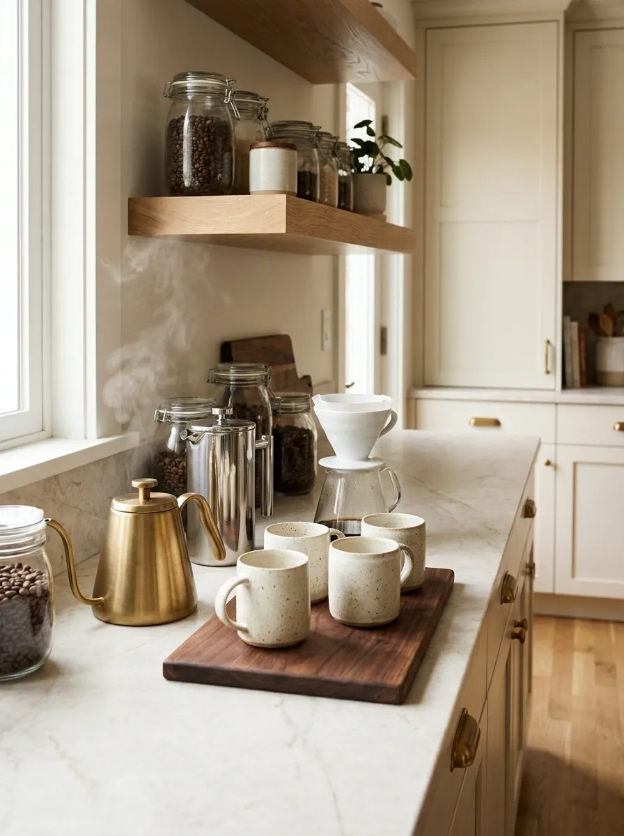 Compact Coffee Station With a French Press and Pour-Over Setup