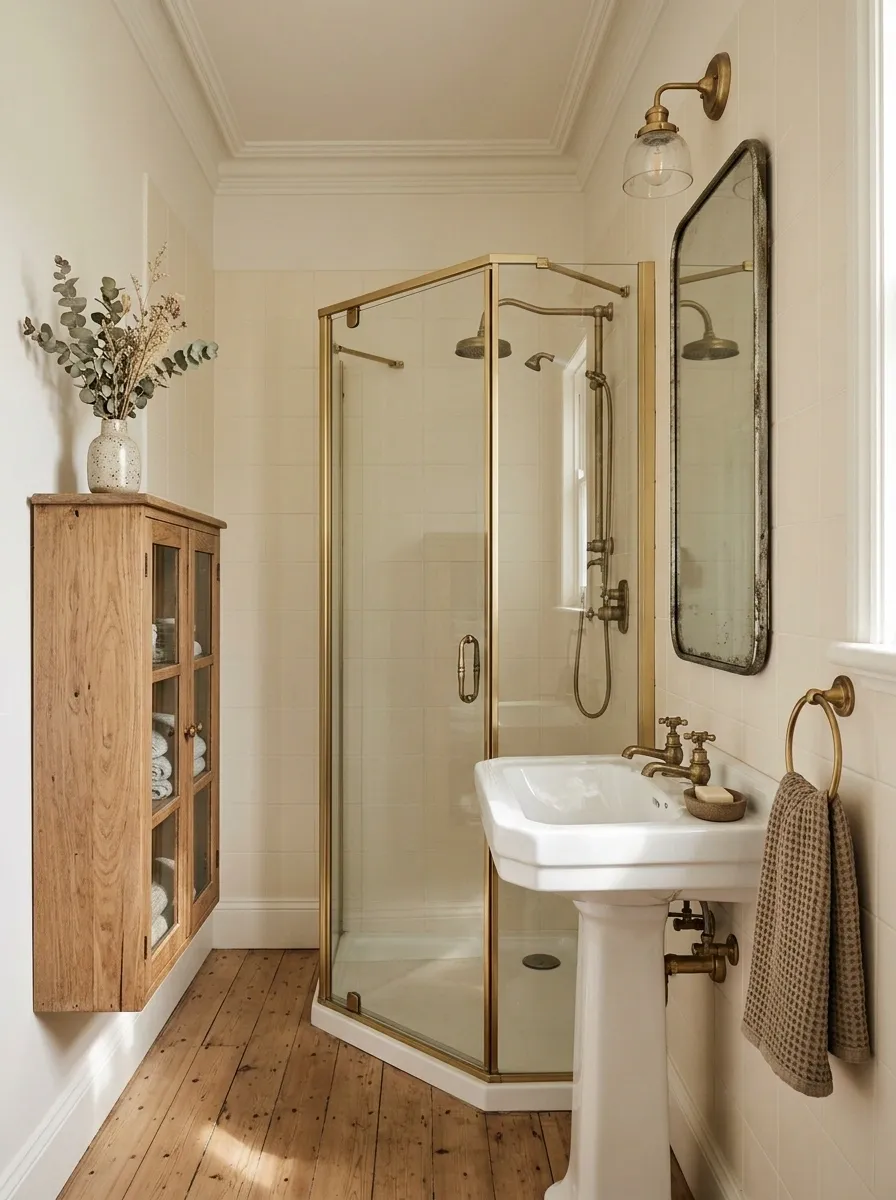 Compact Farmhouse Bathroom With a Corner Shower