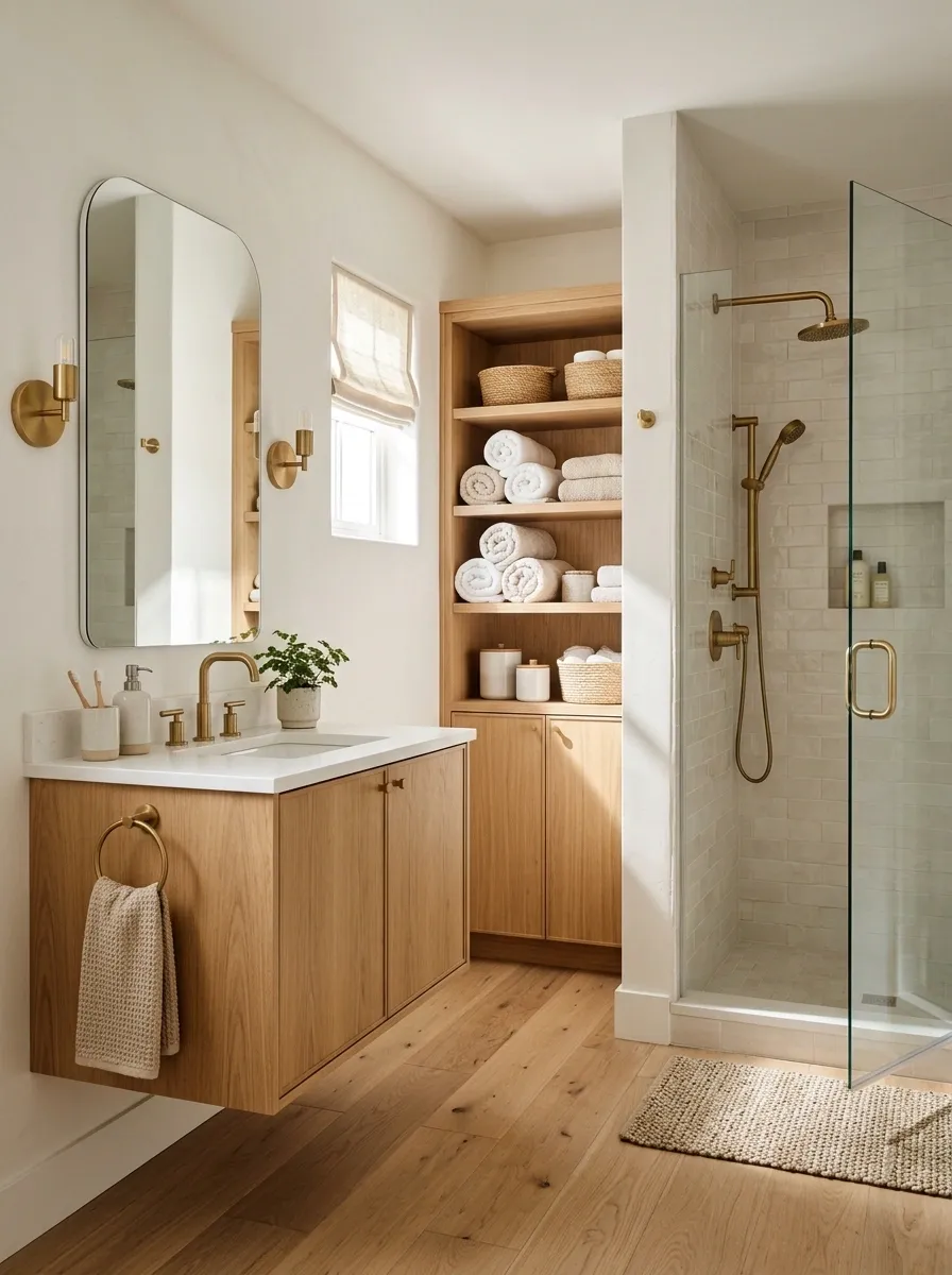 Compact Farmhouse Ensuite With an Oak Vanity and Integrated Linen Storage