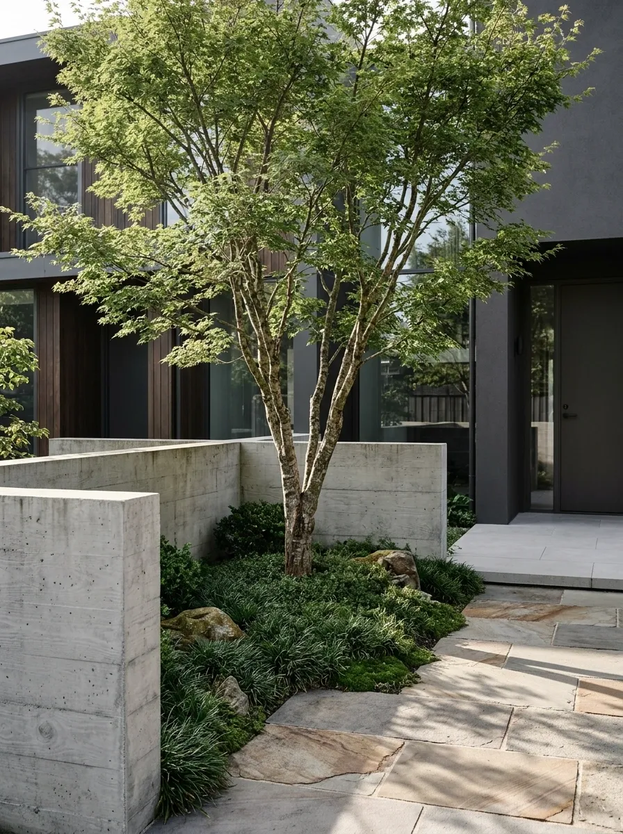 Compact Forecourt With a Central Tree and a Quiet Ground Layer