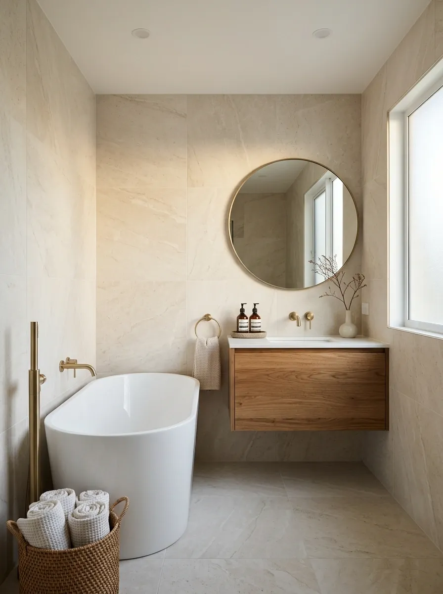 Compact Freestanding Tub With a Limestone Backdrop
