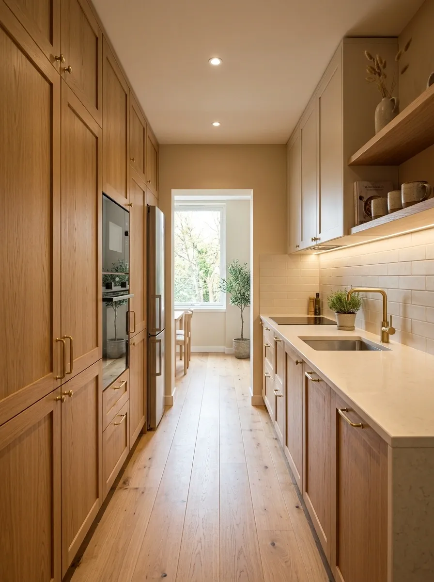 Compact Galley Kitchen With Warm Wood and Cream Surfaces