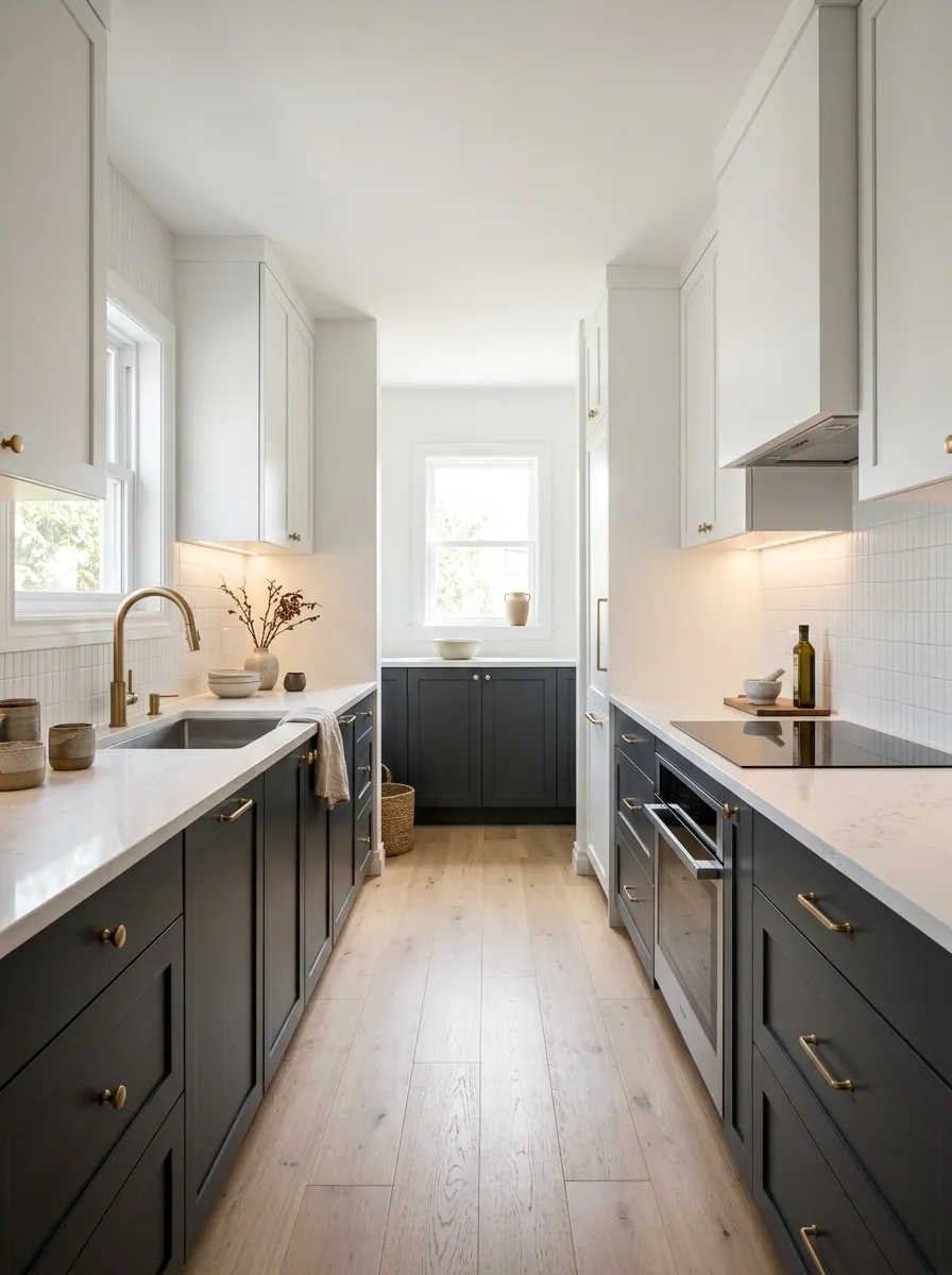 Compact Galley Kitchen With White Uppers and Gray Lowers