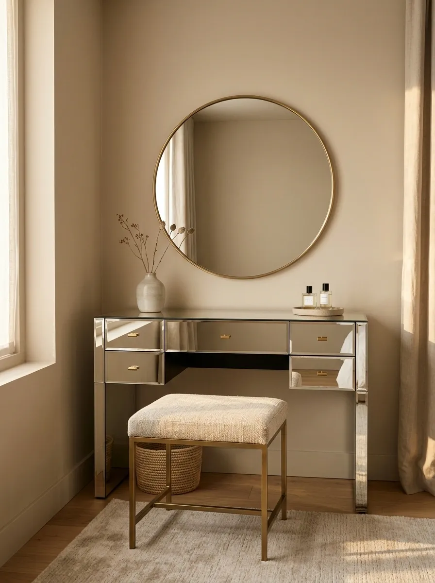 Compact Glam Vanity With Mirrored Drawers and Neutral Fabrics