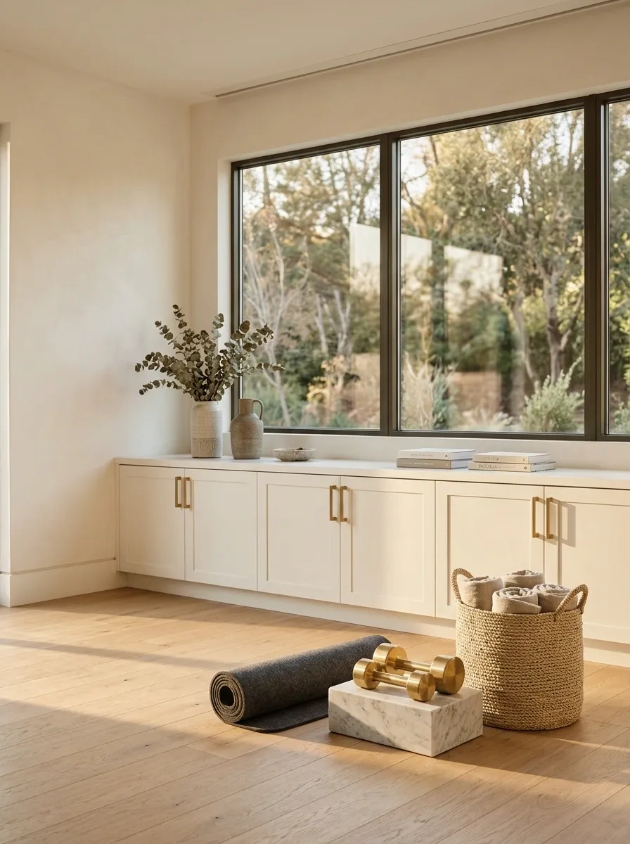 Compact Home Gym With Low Equipment Storage Under the Window