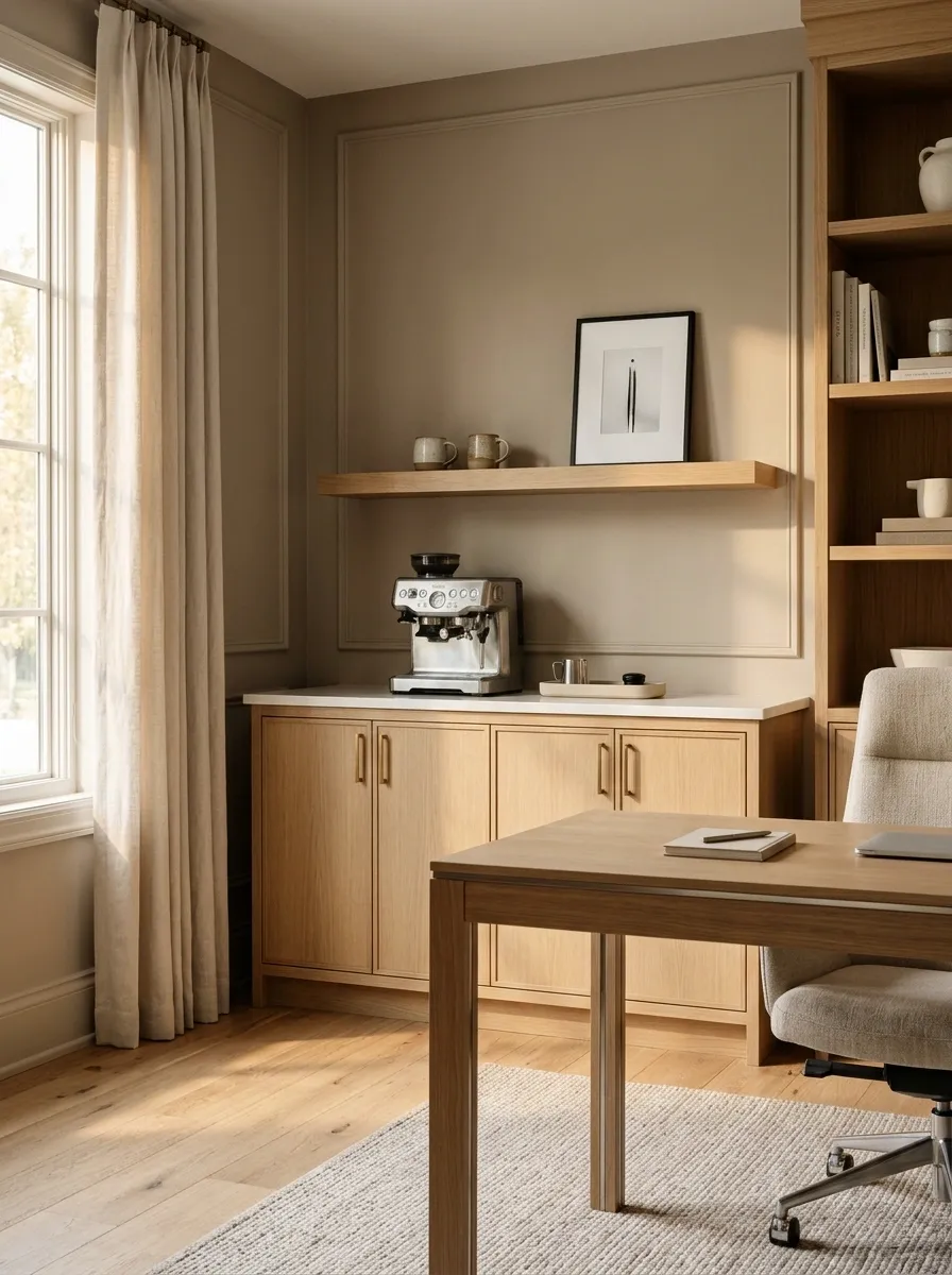 Compact Home Office Coffee Credenza With a Small Mug Shelf