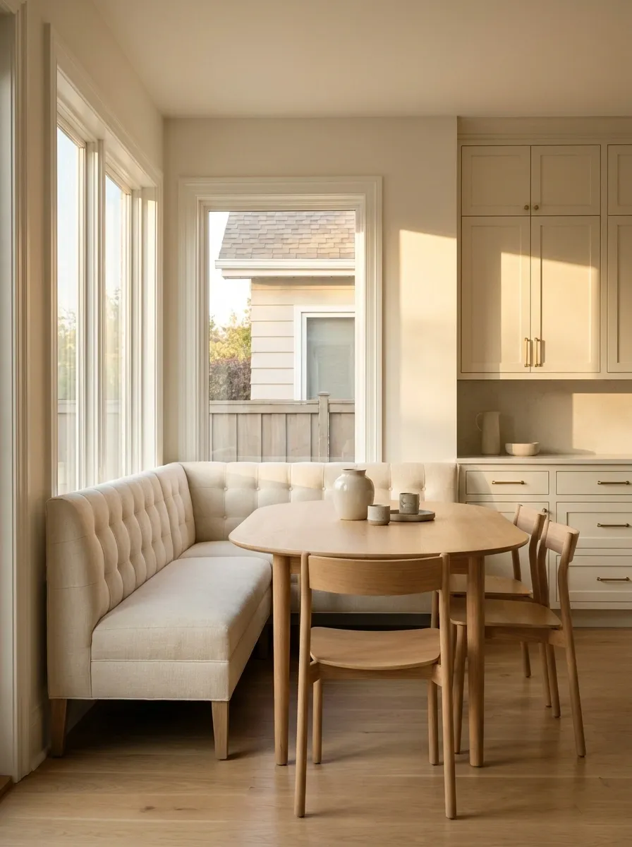 Compact L-Shaped Banquette Under a Large Kitchen Window