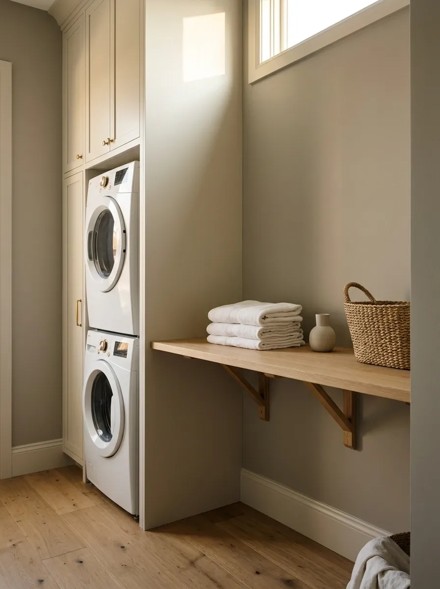 Compact Laundry Tower With a Fold-Down Folding Counter